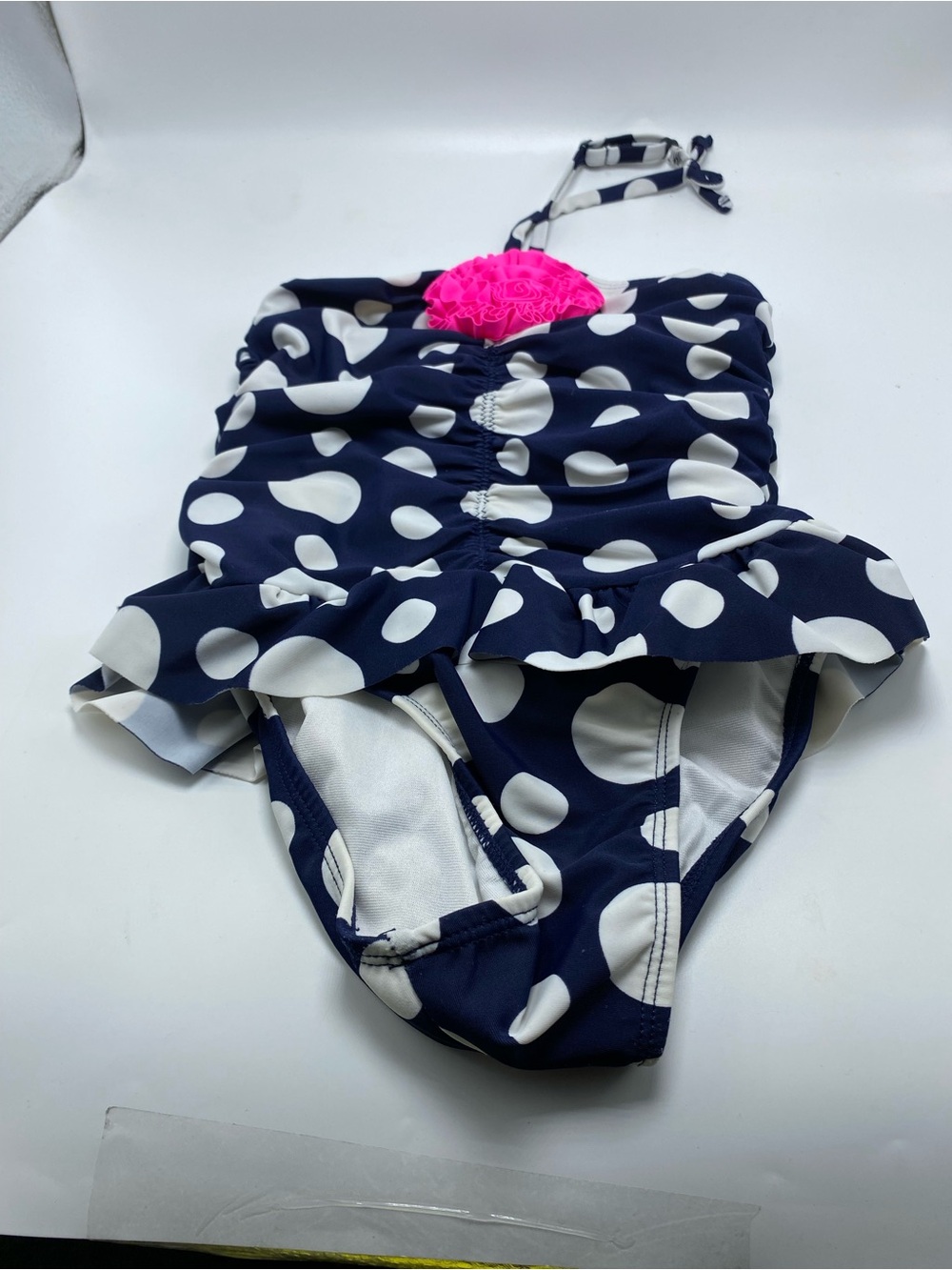 Flapdoodles Navy and White Polka Dot One-Piece Swimsuit with Pink Ruffle